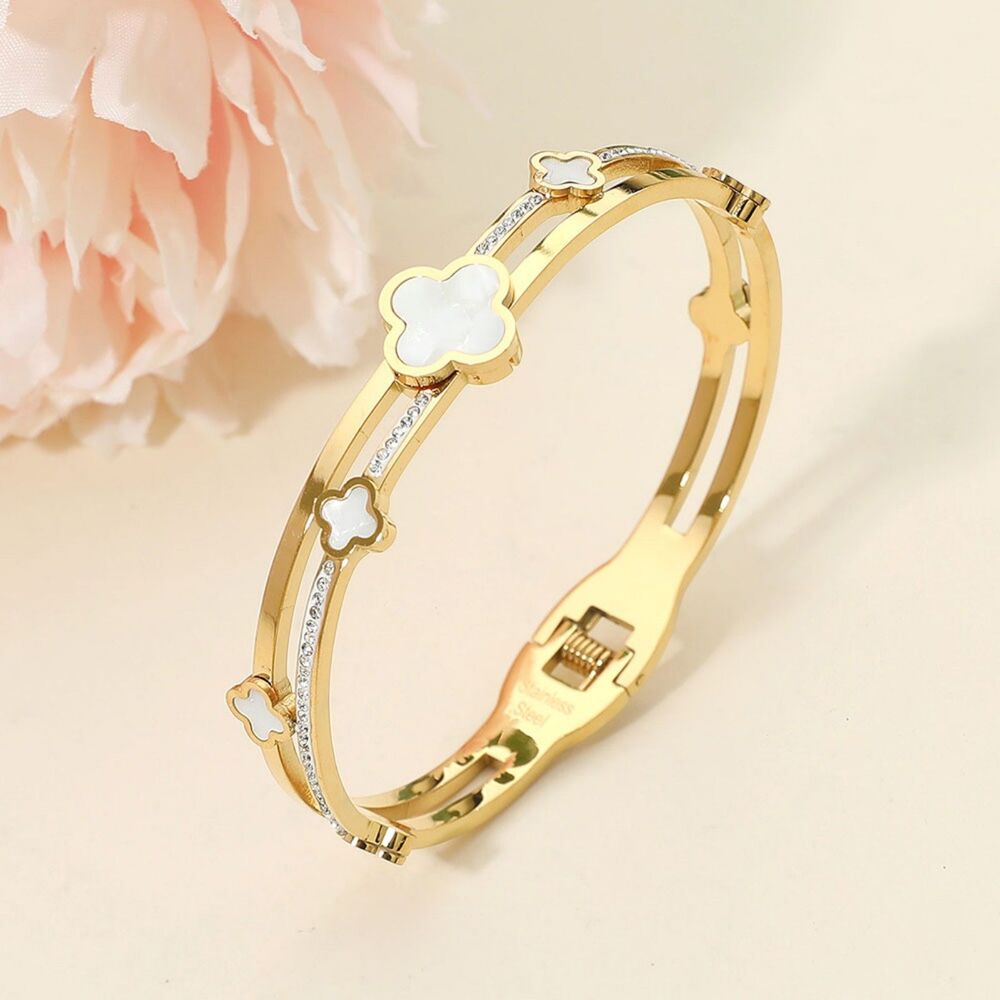 White Gold Metal Split Mother Of Pearl CZ Quatrefoil Clover Bracelet Bangle